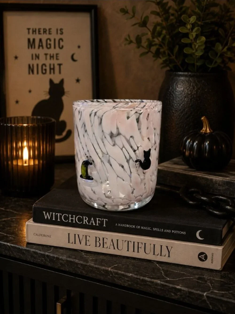 New Purple Glass Halloween Witches Hat & Cat Barware Beverage Glass Cup Tumbler